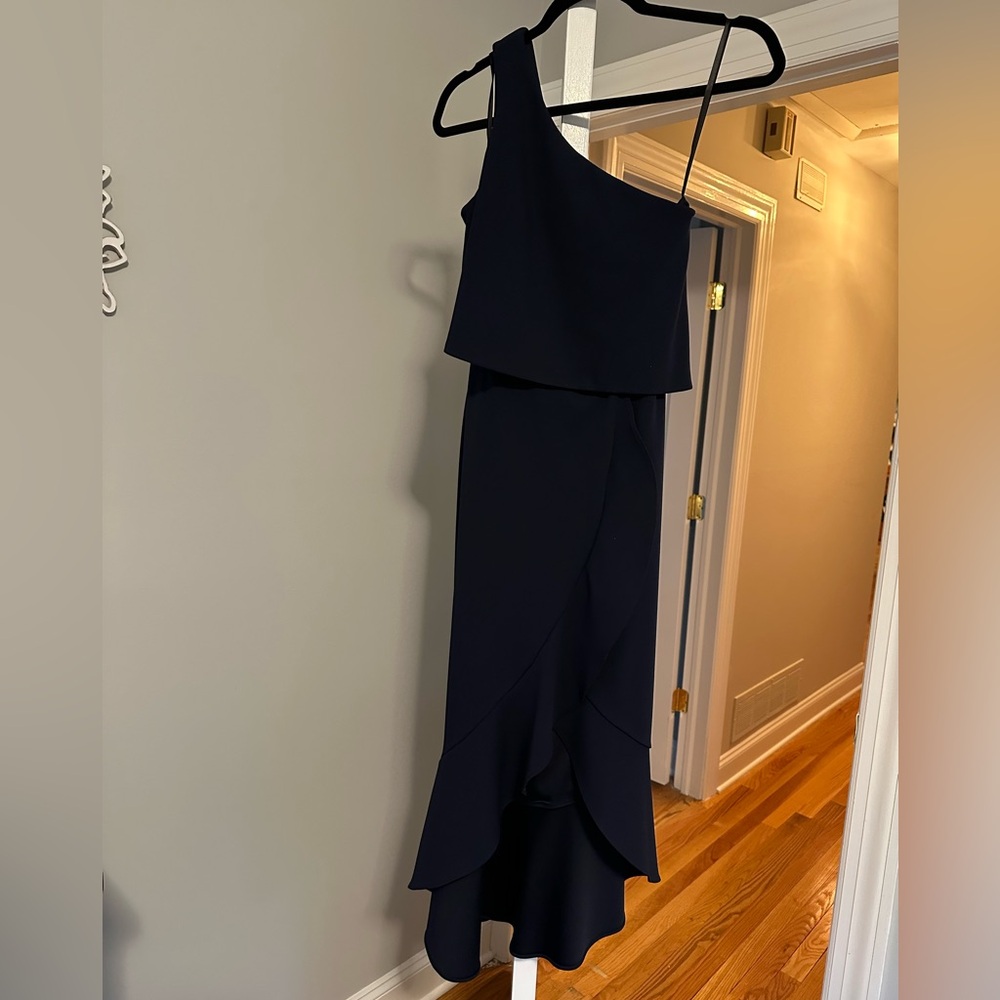 Aqua Midi Elegant Navy Blue One-Shoulder Dress